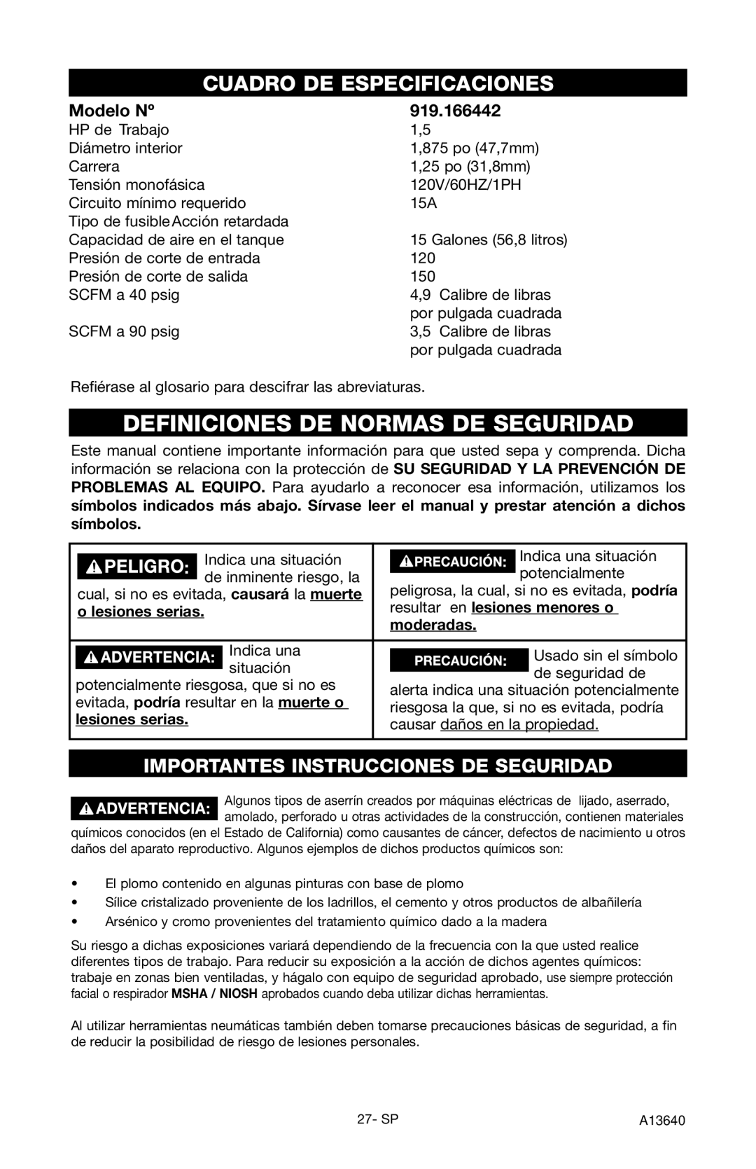 Craftsman 919.166442 owner manual Definiciones DE Normas DE Seguridad, Modelo Nº, Lesiones serias 