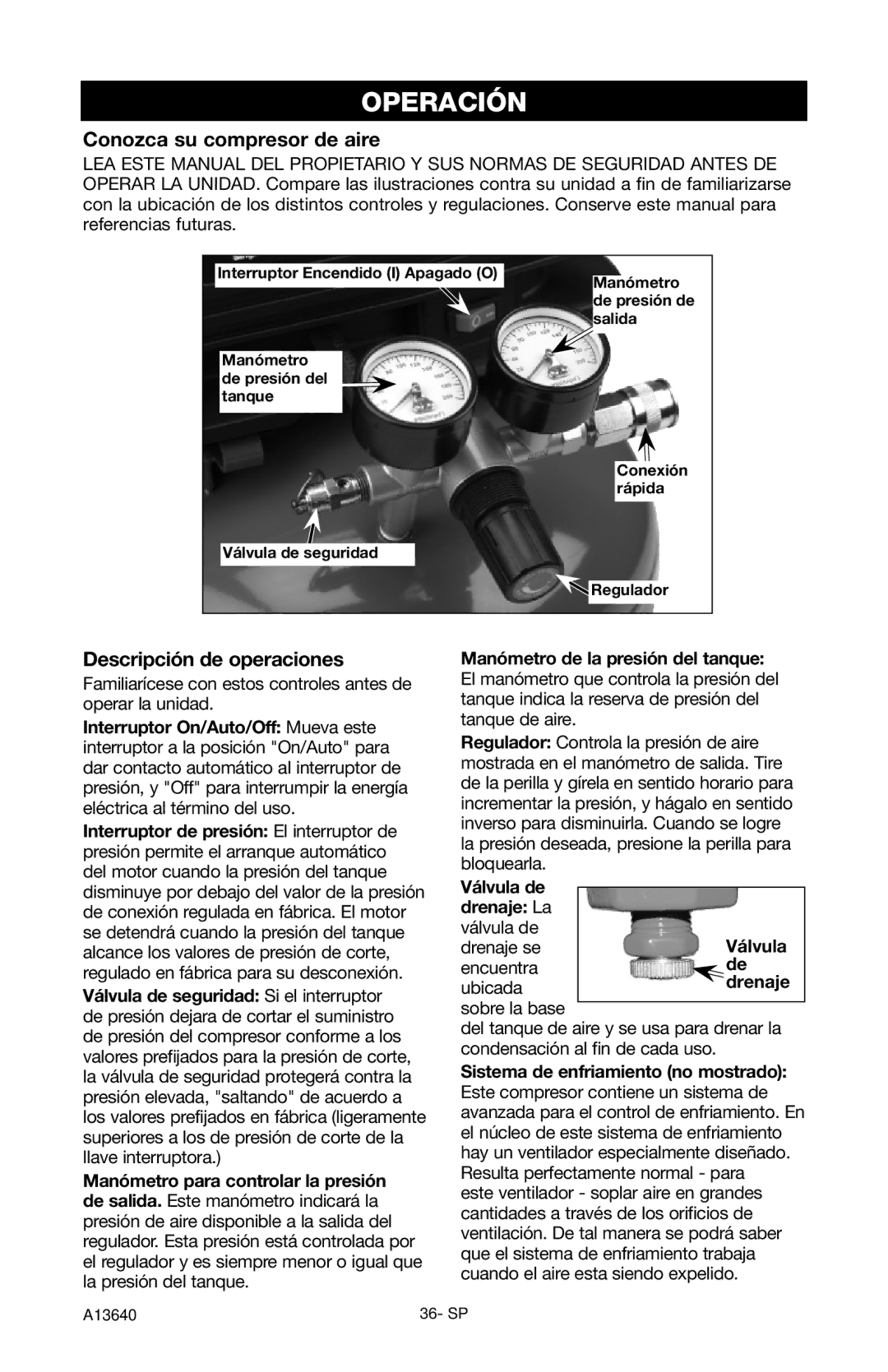 Craftsman 919.166442 owner manual Operación, Conozca su compresor de aire, Descripción de operaciones 