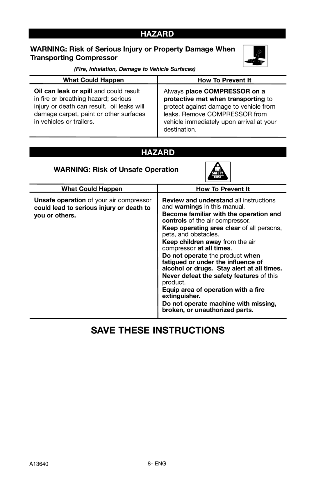 Craftsman 919.166442 owner manual Fire, Inhalation, Damage to Vehicle Surfaces 