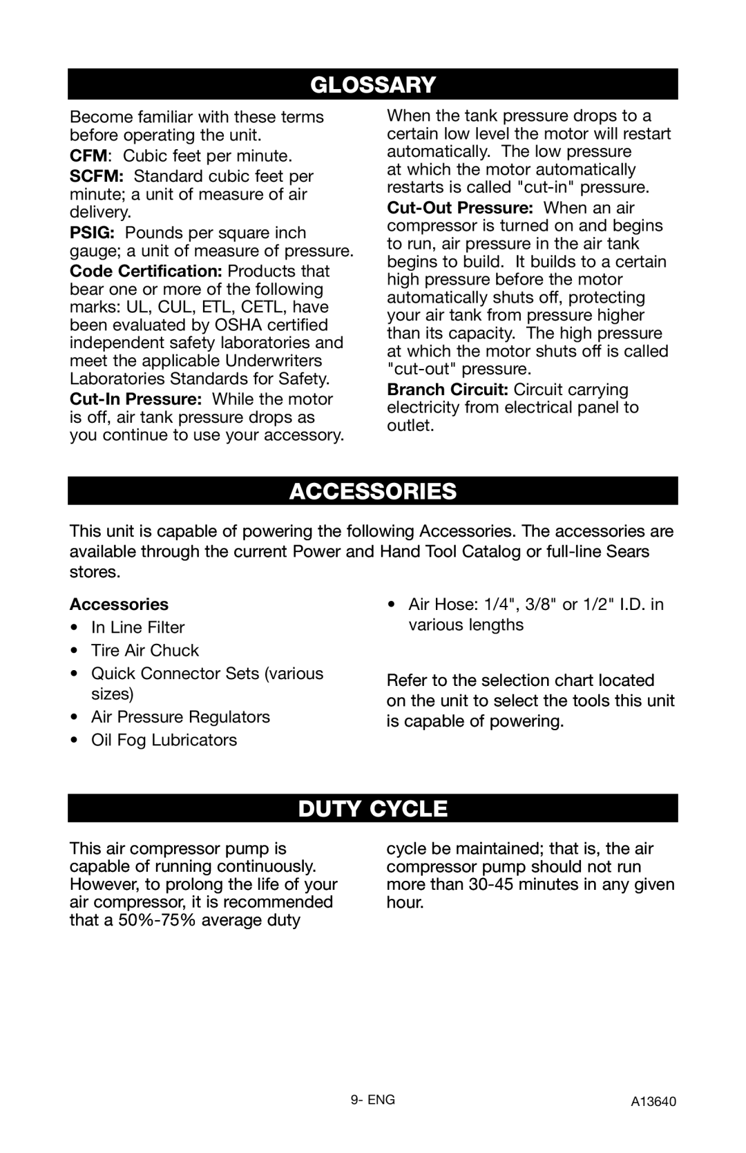 Craftsman 919.166442 owner manual Glossary, Accessories, Duty Cycle 