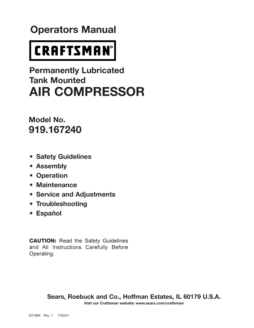 Craftsman 919.16724 manual AIR Compressor 