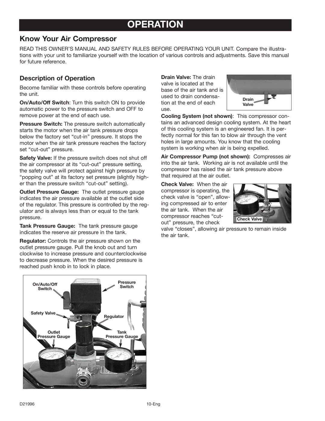 Craftsman 919.16724 manual Know Your Air Compressor, Description of Operation 