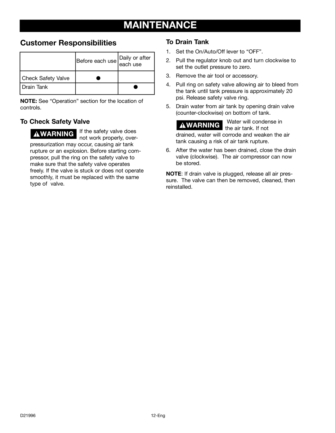 Craftsman 919.16724 manual Maintenance, Customer Responsibilities, To Check Safety Valve, To Drain Tank 