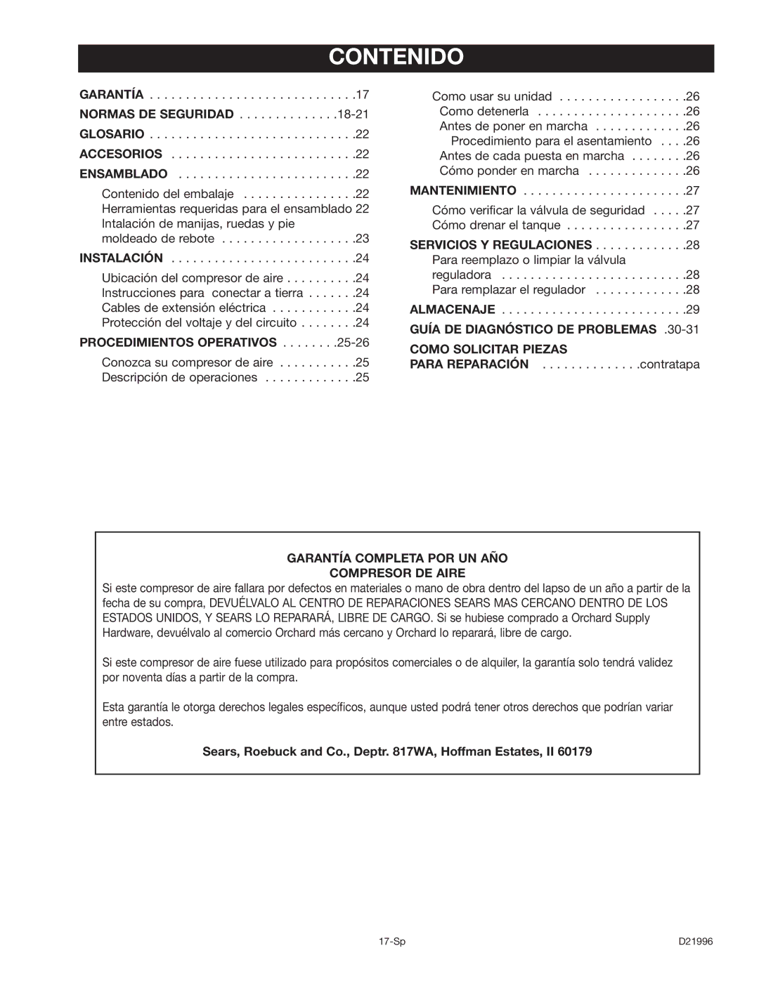 Craftsman 919.16724 manual Contenido, Procedimientos Operativos, Guía DE Diagnóstico DE Problemas Como Solicitar Piezas 