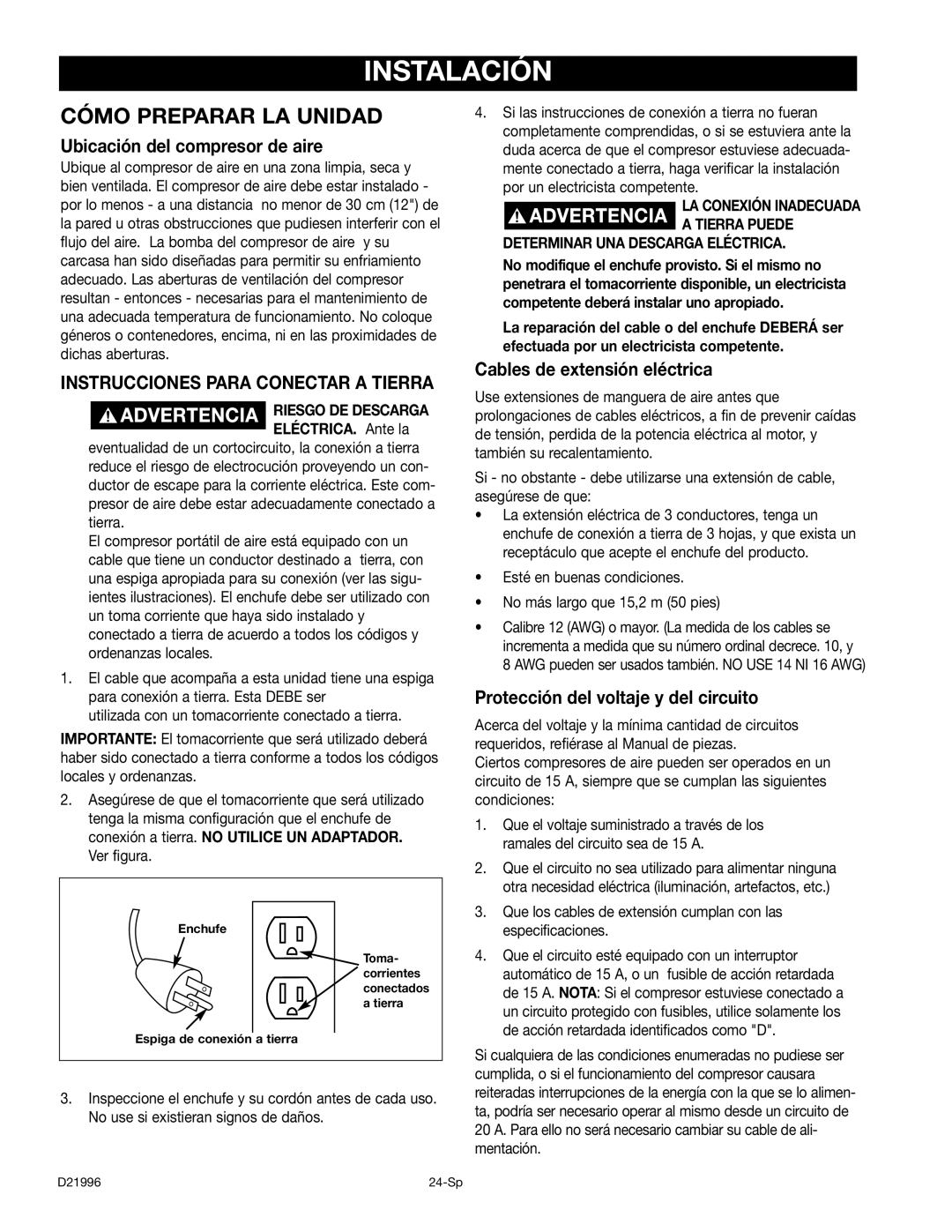 Craftsman 919.16724 manual Instalación, Ubicación del compresor de aire, Cables de extensión eléctrica 