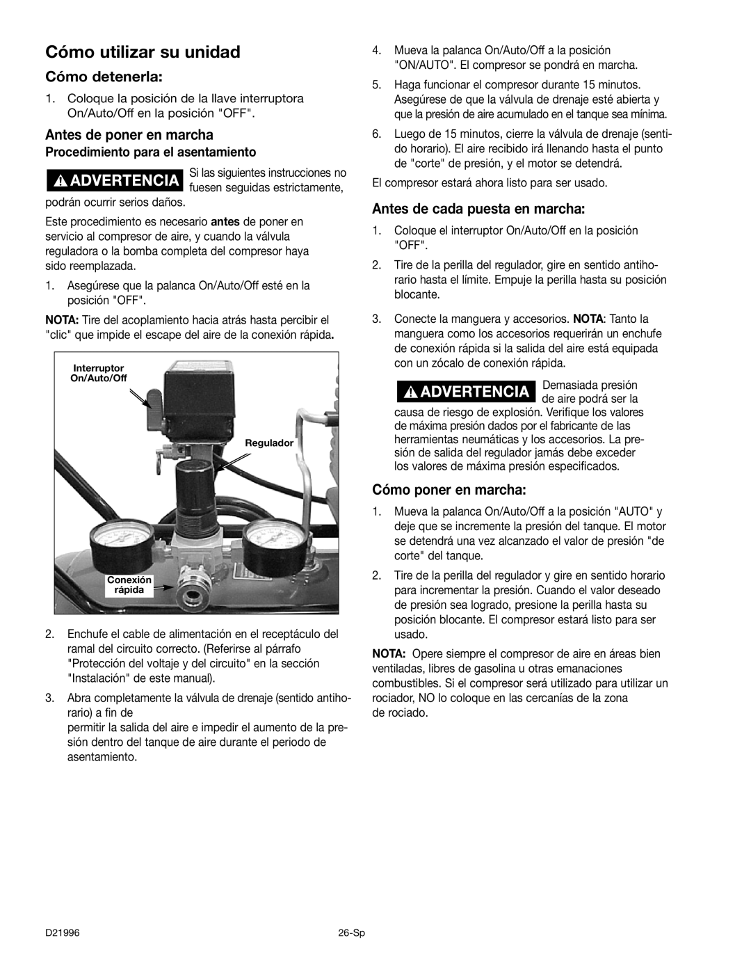 Craftsman 919.16724 Cómo utilizar su unidad, Cómo detenerla, Antes de poner en marcha, Antes de cada puesta en marcha 