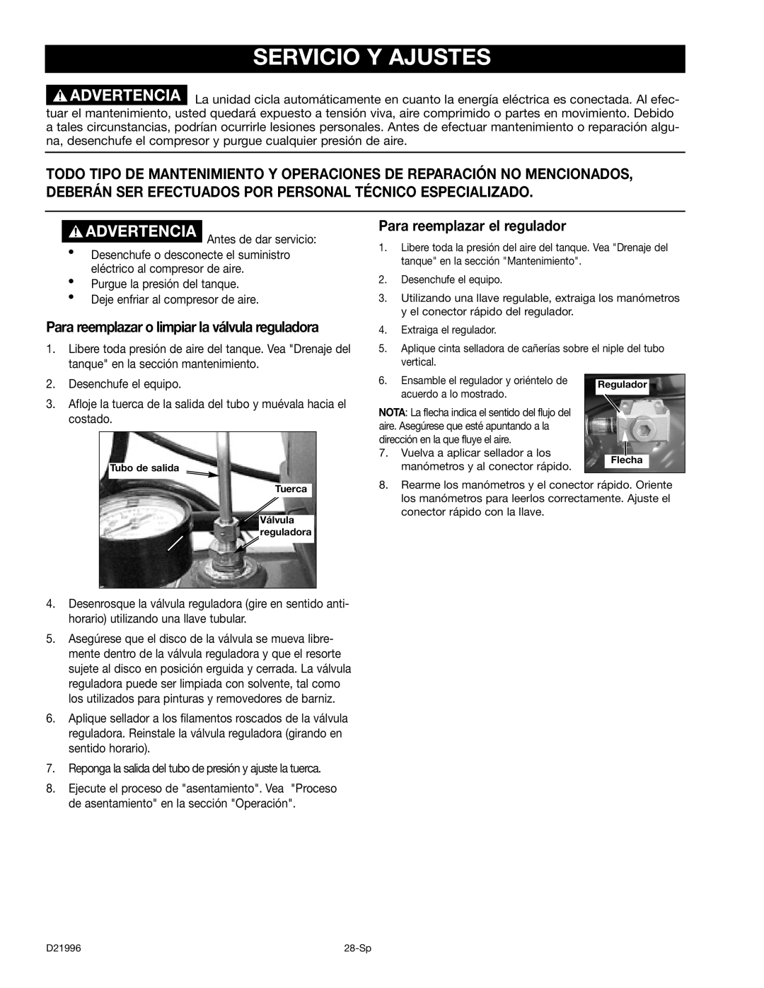 Craftsman 919.16724 Servicio Y Ajustes, Para reemplazar o limpiar la válvula reguladora, Para reemplazar el regulador 