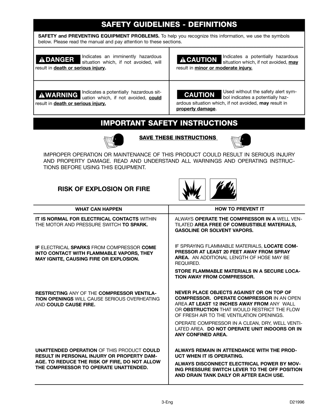 Craftsman 919.16724 manual Safety Guidelines Definitions, Risk of Explosion or Fire 