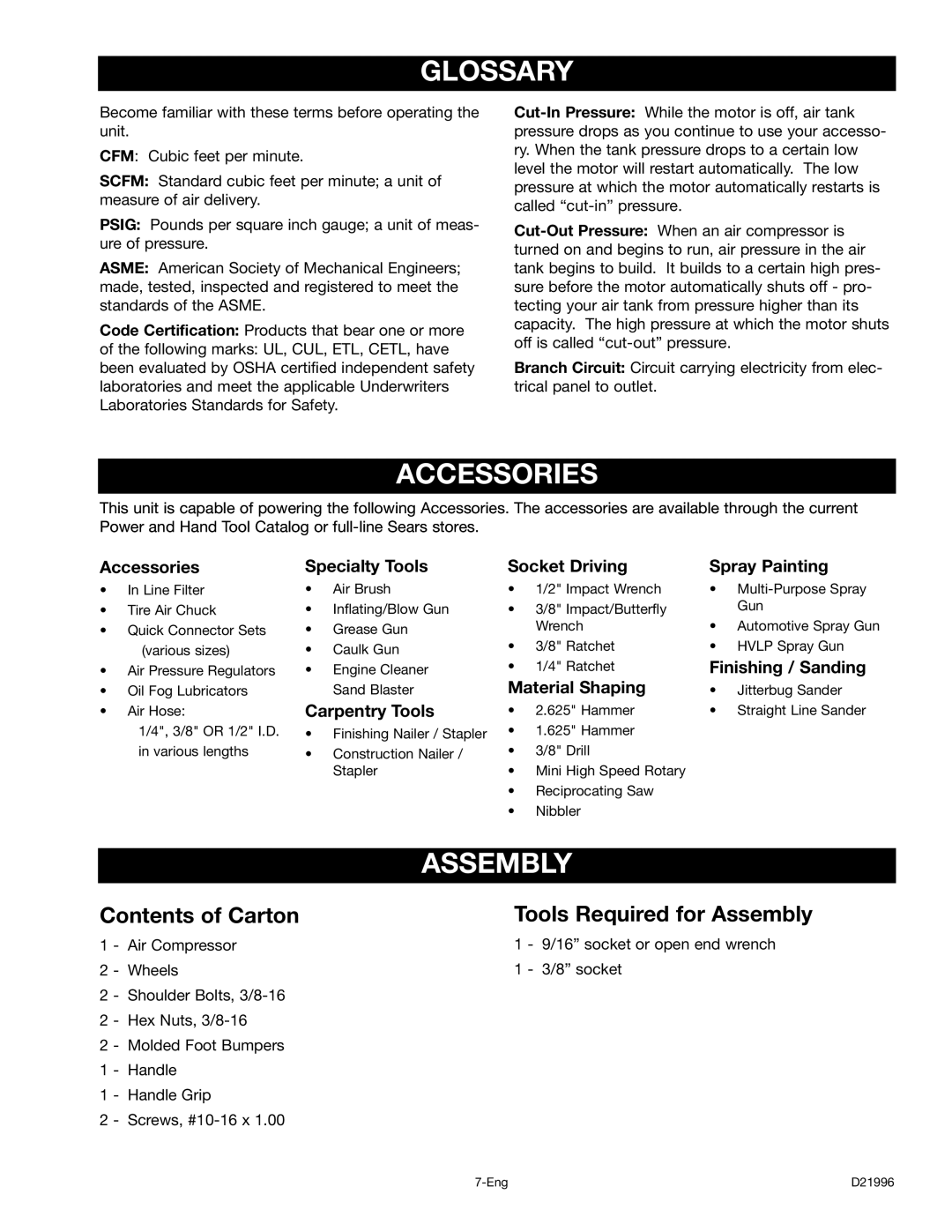 Craftsman 919.16724 manual Glossary, Accessories, Contents of Carton Tools Required for Assembly 