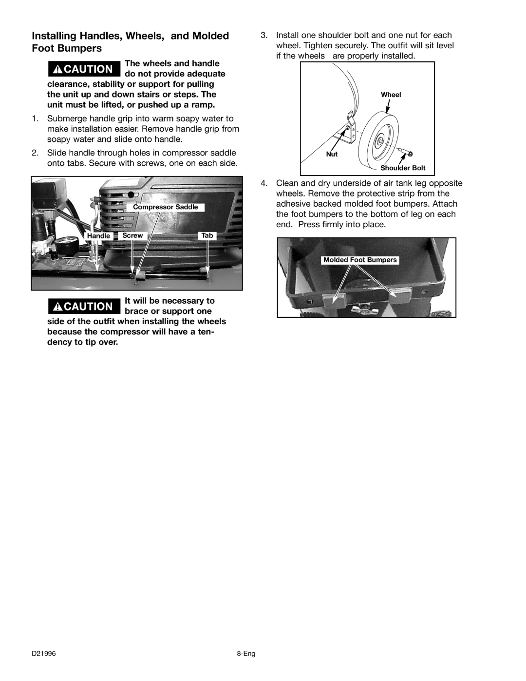 Craftsman 919.16724 manual Installing Handles, Wheels, and Molded Foot Bumpers 