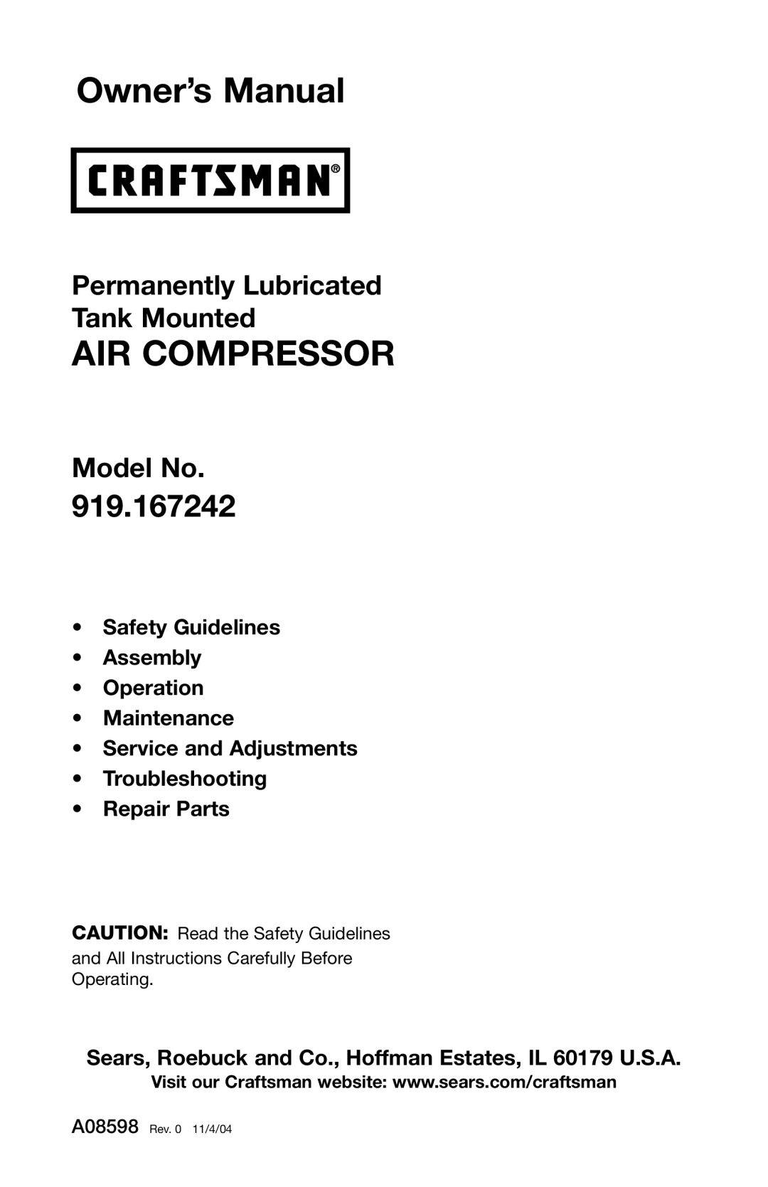 Craftsman 919.167242 owner manual AIR Compressor 