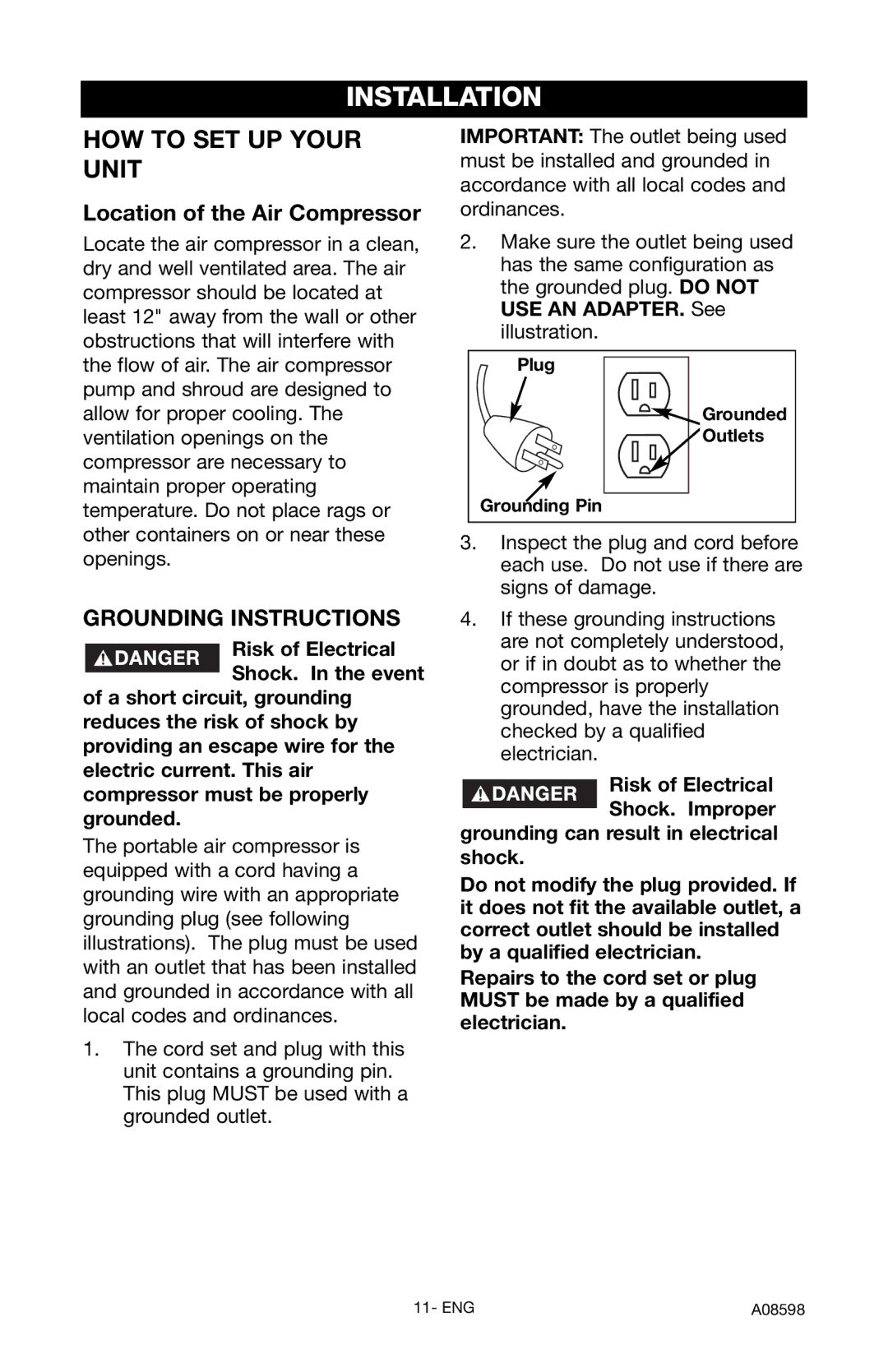 Craftsman 919.167242 owner manual Installation, Location of the Air Compressor, Grounding Instructions 