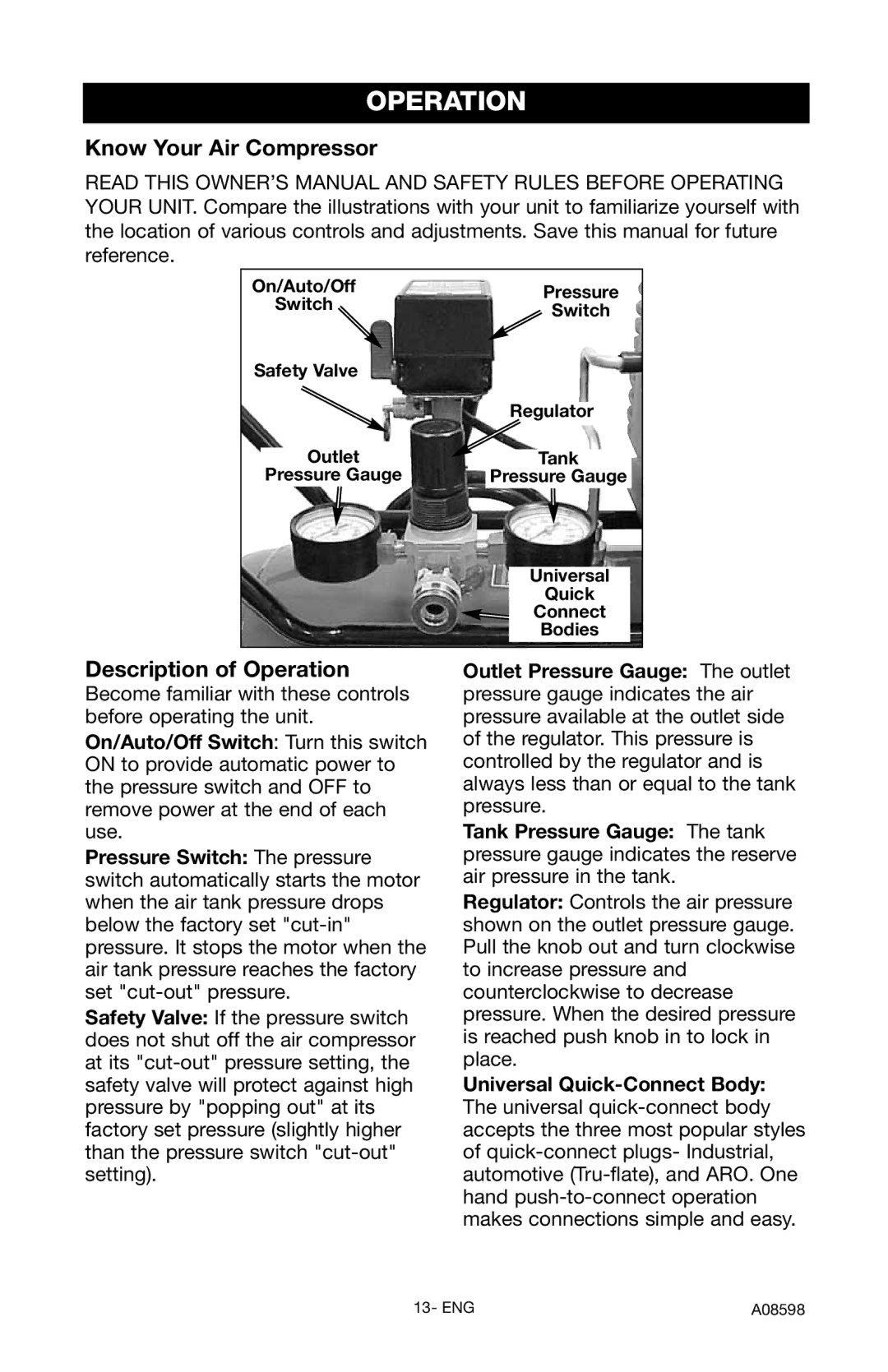 Craftsman 919.167242 owner manual Know Your Air Compressor, Description of Operation, Regulator 