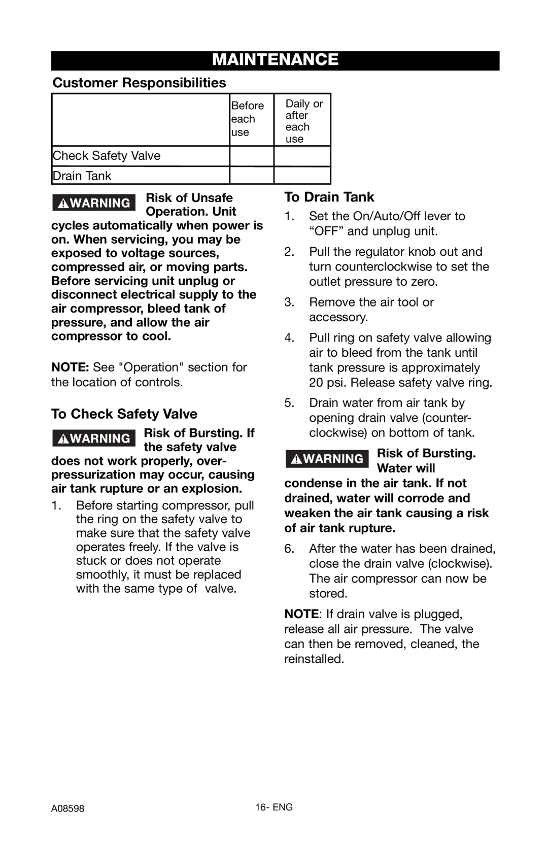 Craftsman 919.167242 owner manual Maintenance, Customer Responsibilities, To Check Safety Valve, To Drain Tank 