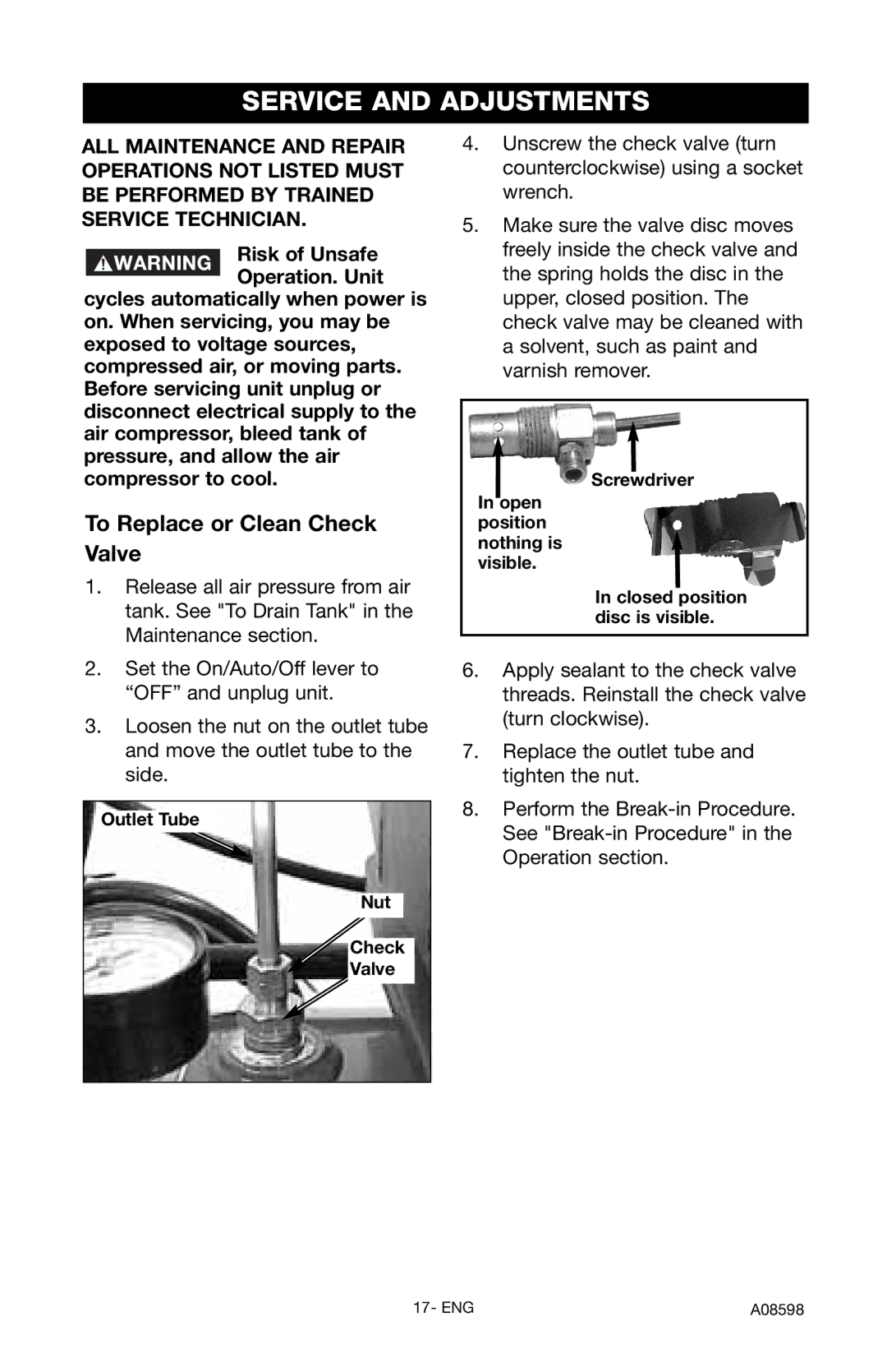 Craftsman 919.167242 owner manual Service and Adjustments, To Replace or Clean Check Valve, Outlet Tube Nut Check Valve 