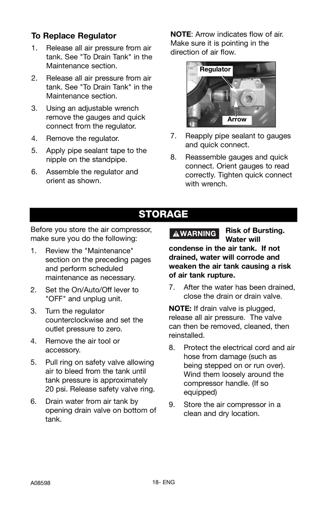 Craftsman 919.167242 owner manual Storage, To Replace Regulator, Regulator Arrow 