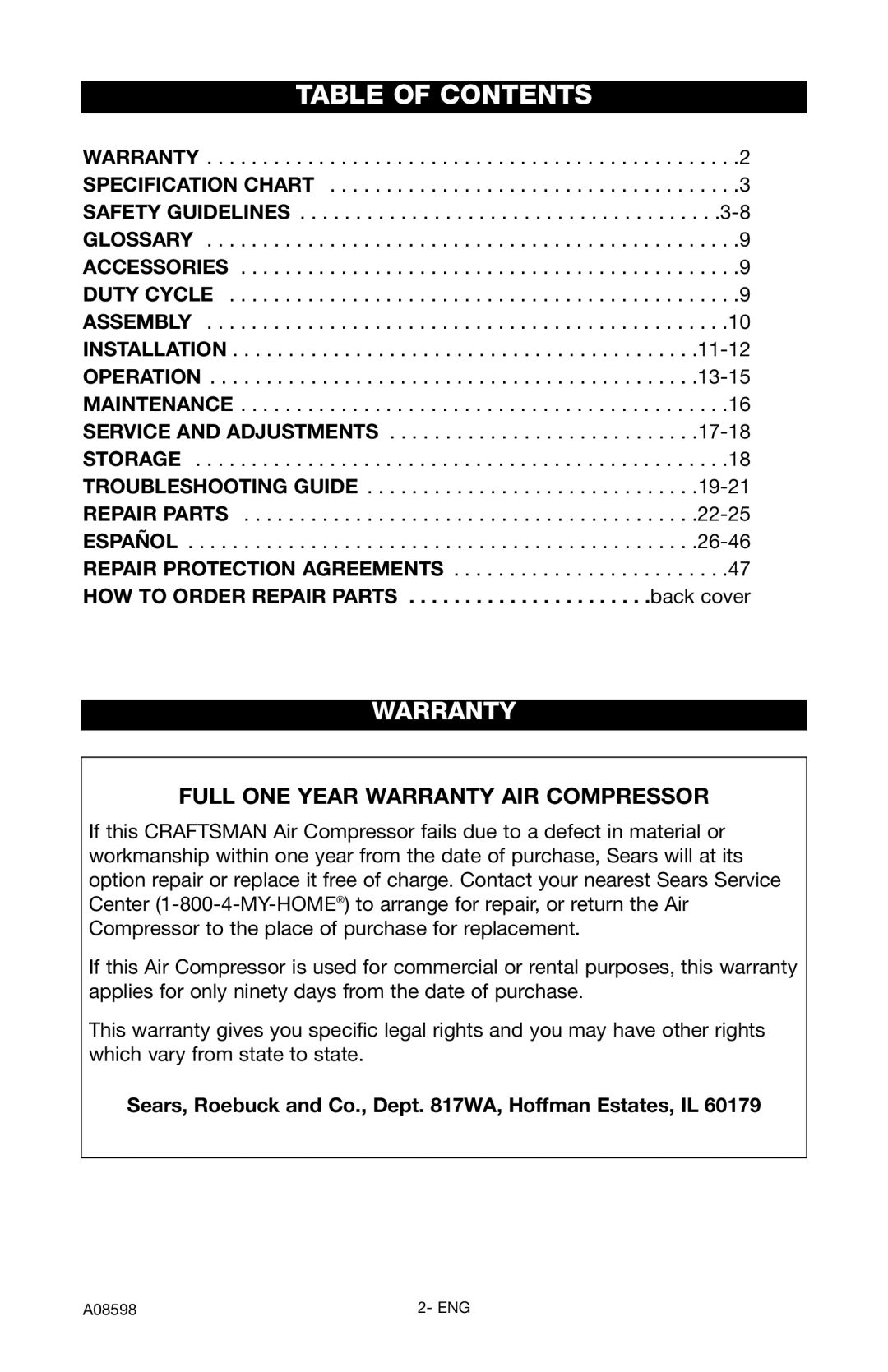 Craftsman 919.167242 owner manual Table of Contents 