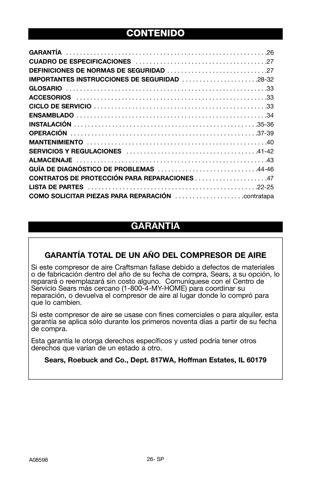 Craftsman 919.167242 owner manual Contenido, Garantía Total DE UN AÑO DEL Compresor DE Aire 