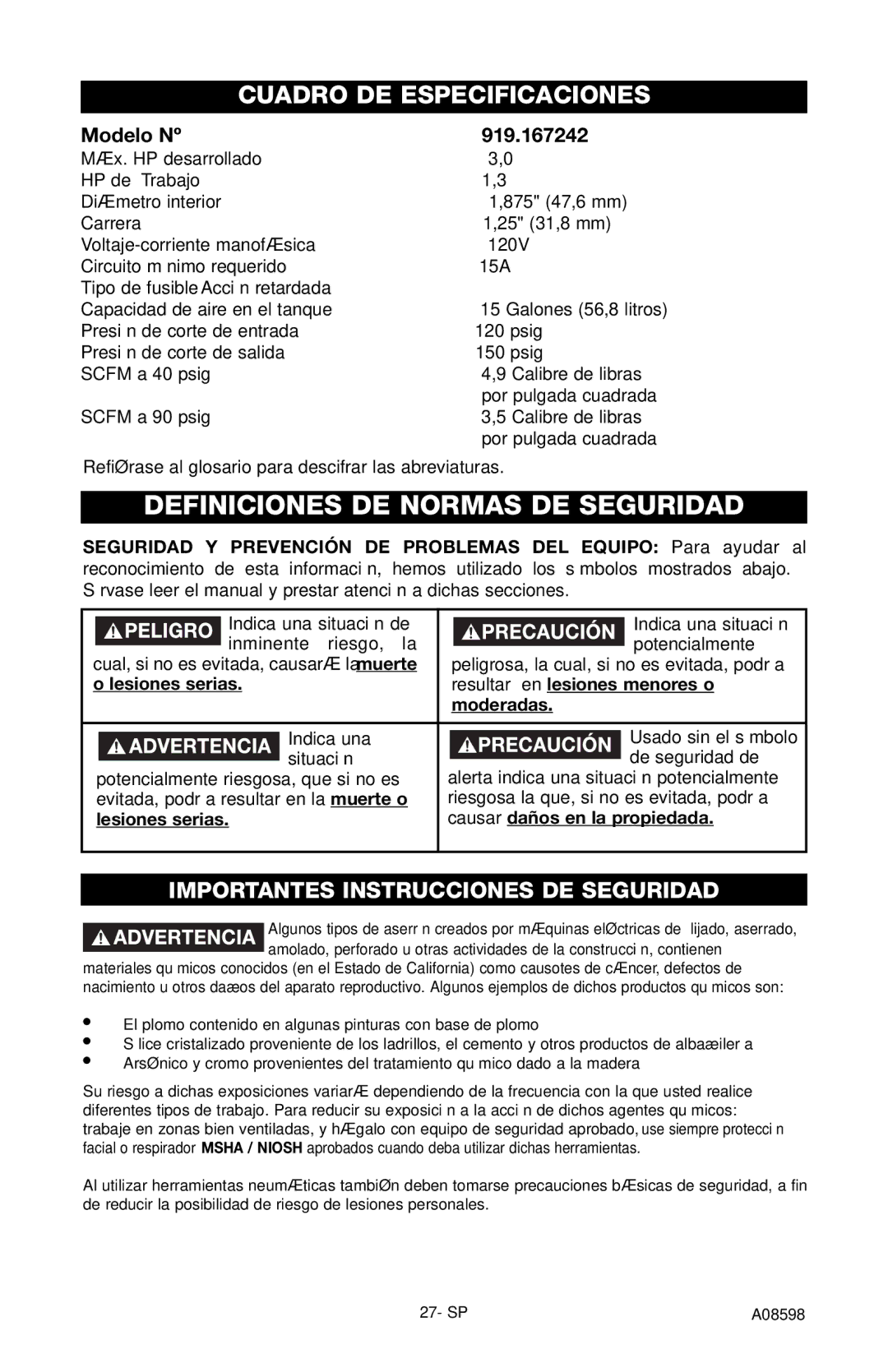 Craftsman Definiciones DE Normas DE Seguridad, Modelo Nº 919.167242, Resultar en lesiones menores o, Moderadas 