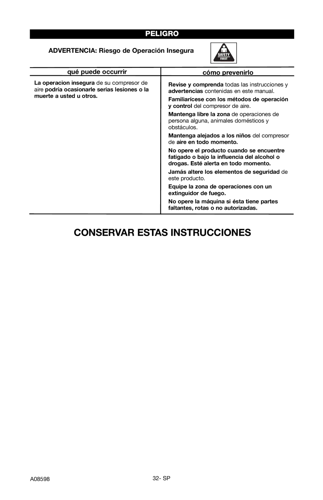 Craftsman 919.167242 owner manual Advertencia Riesgo de Operación Insegura Qué puede occurrir 