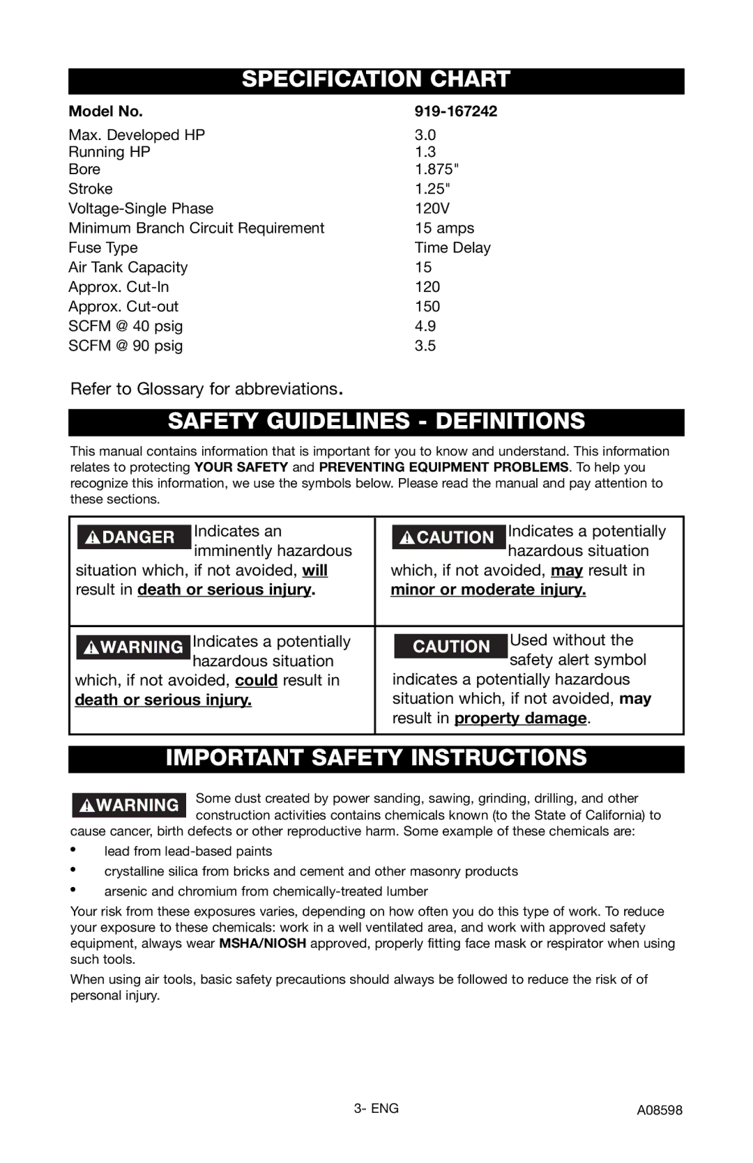 Craftsman 919.167242 owner manual Specification Chart, Safety Guidelines Definitions, Important Safety Instructions 