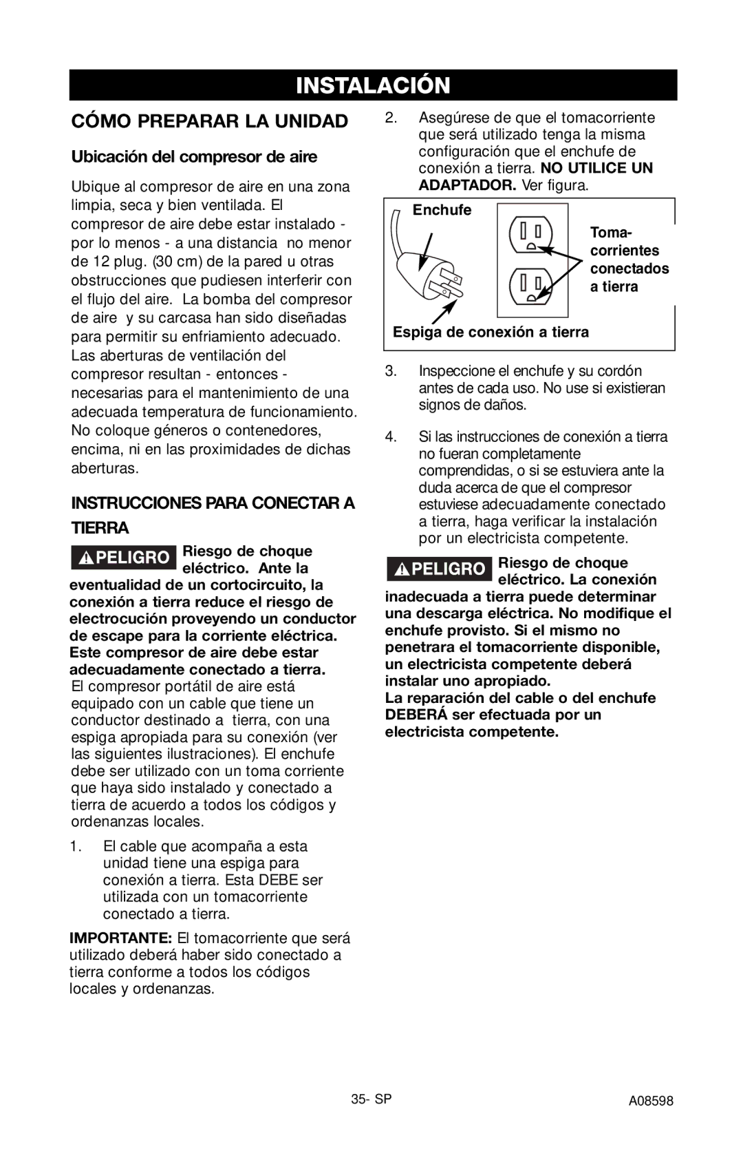 Craftsman 919.167242 owner manual Instalación, Cómo Preparar LA Unidad, Ubicación del compresor de aire 