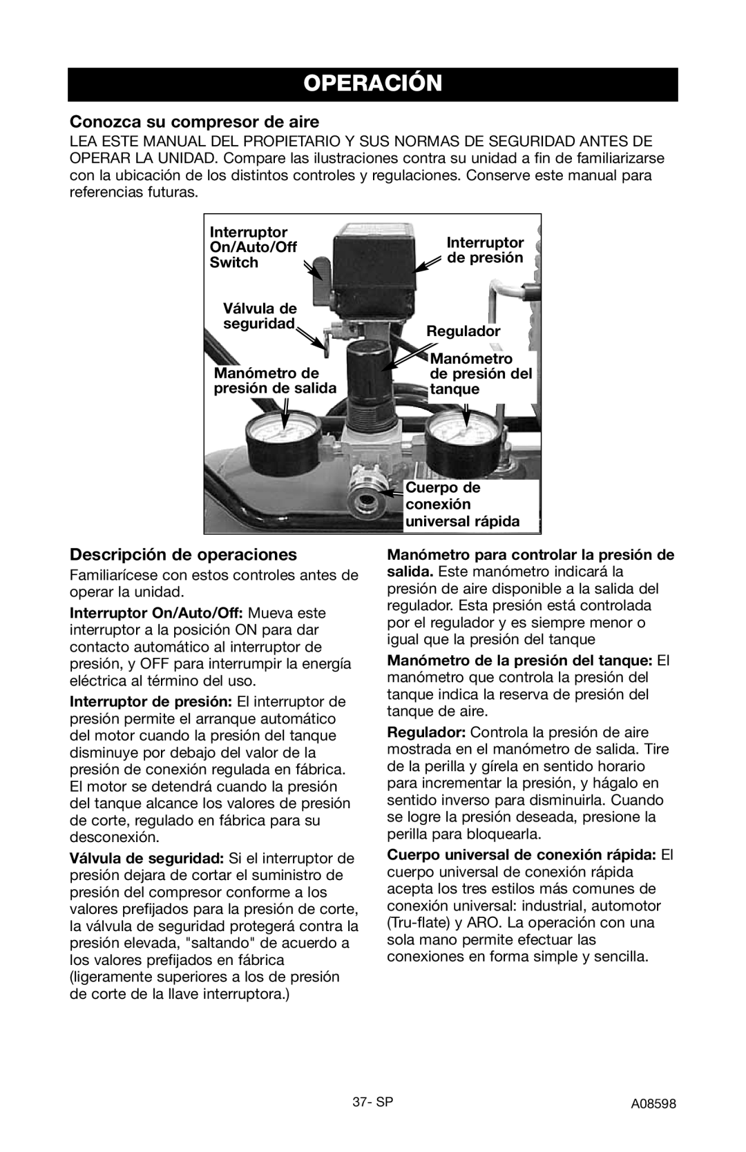 Craftsman 919.167242 Operación, Conozca su compresor de aire, Descripción de operaciones, Presión de salida Tanque 