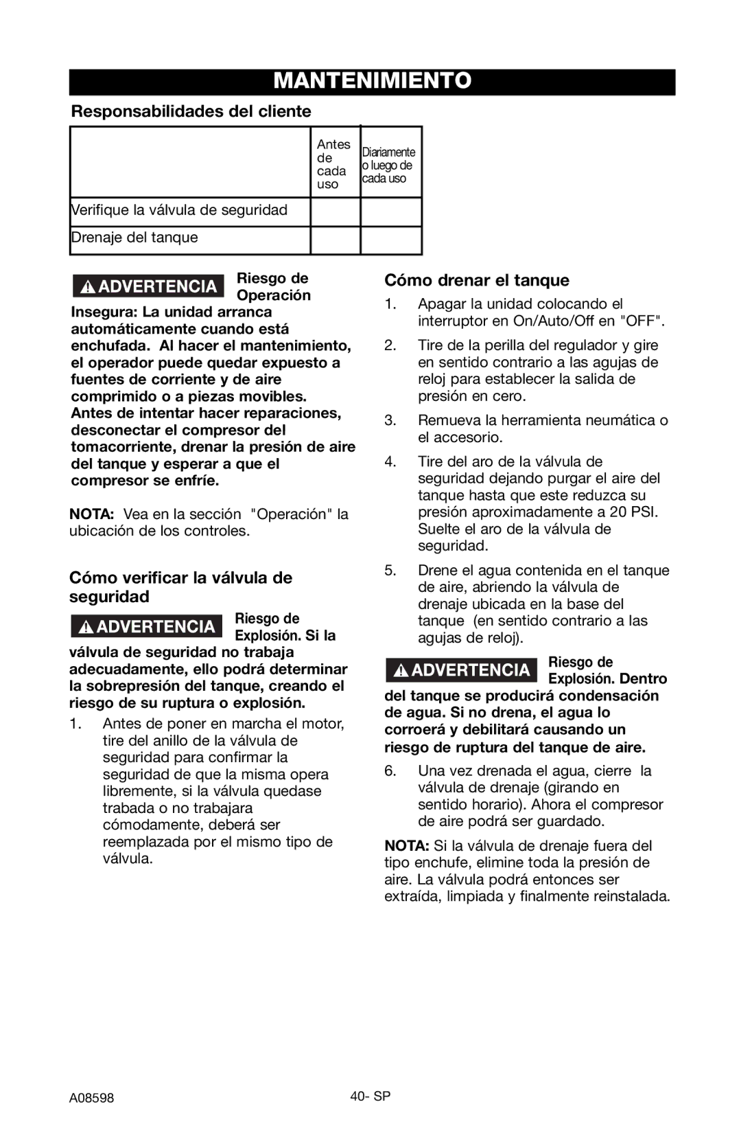 Craftsman 919.167242 owner manual Mantenimiento, Responsabilidades del cliente, Cómo verificar la válvula de seguridad 