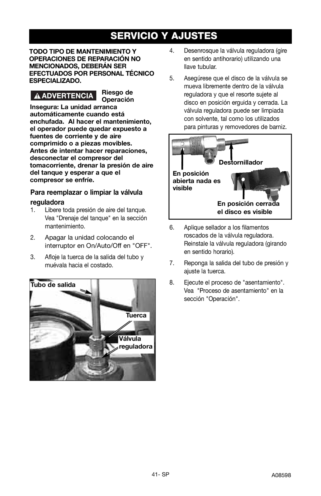 Craftsman 919.167242 Servicio Y Ajustes, Para reemplazar o limpiar la válvula reguladora, Tubo de salida Tuerca 