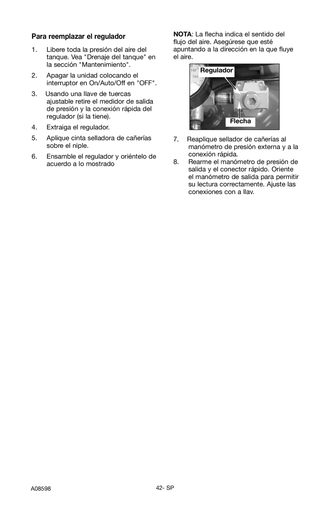 Craftsman 919.167242 owner manual Para reemplazar el regulador, Regulador Flecha 