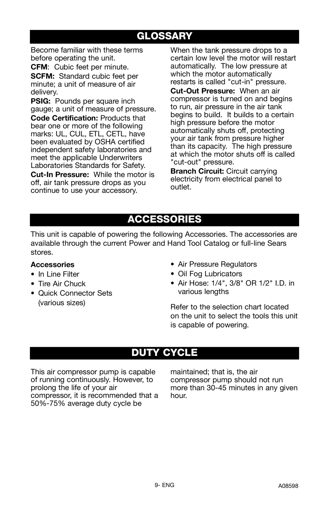 Craftsman 919.167242 owner manual Glossary, Accessories, Duty Cycle 