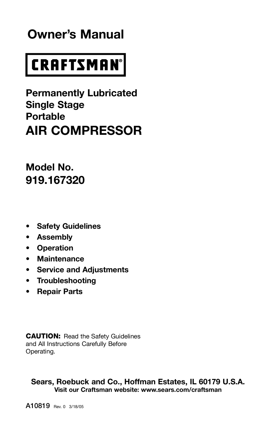 Craftsman 919.16732 owner manual AIR Compressor 