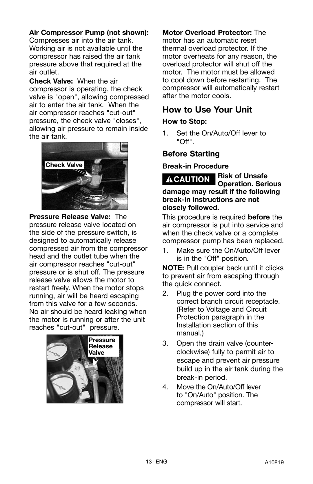 Craftsman 919.16732 owner manual Before Starting, Air Compressor Pump not shown, How to Stop 