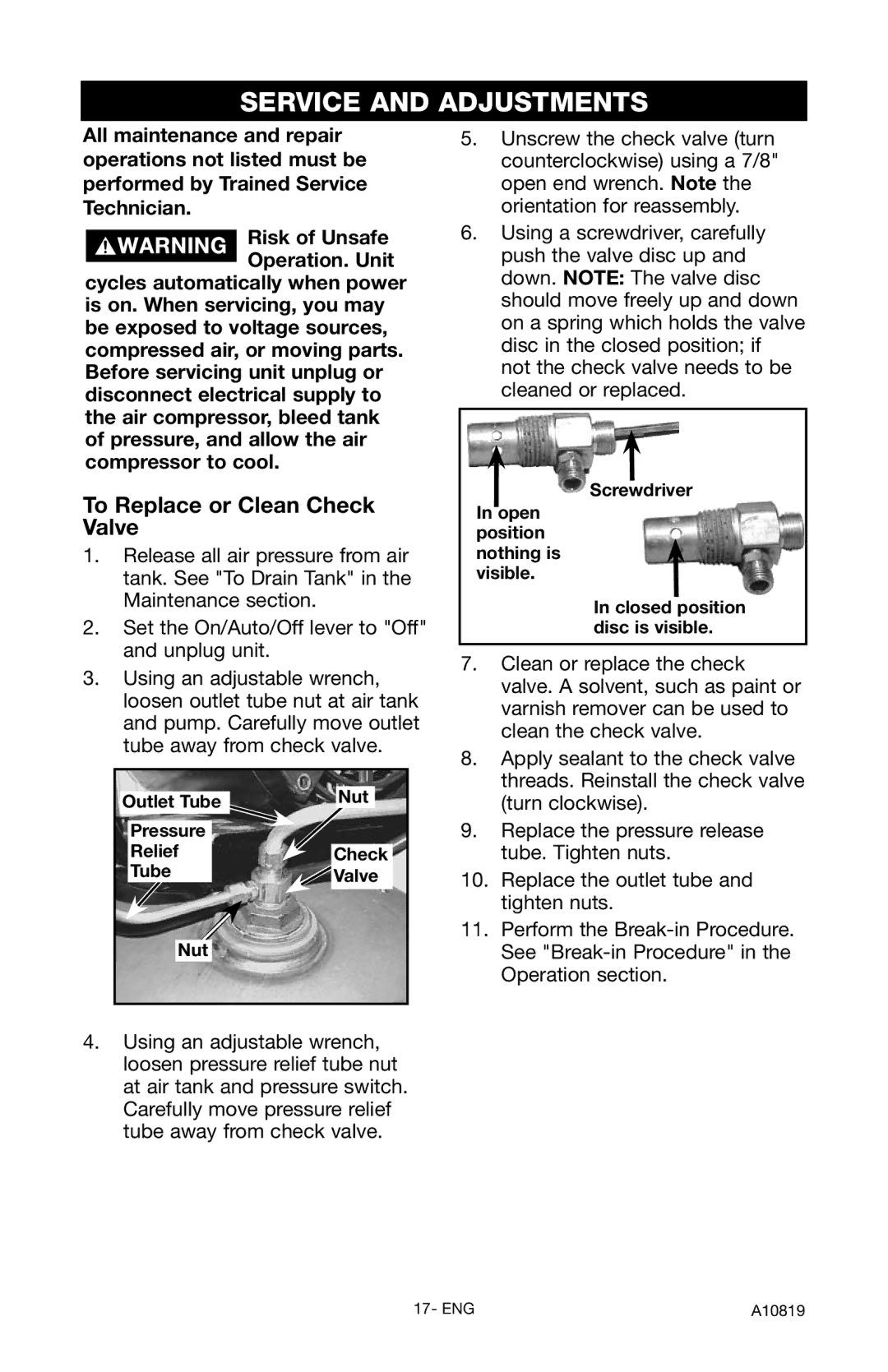 Craftsman 919.16732 owner manual Service and Adjustments, To Replace or Clean Check Valve, Outlet Tube Nut Pressure Relief 