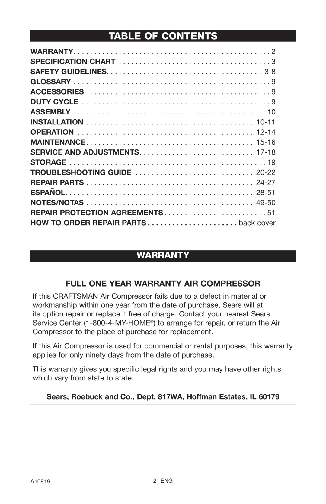 Craftsman 919.16732 owner manual Table of Contents 