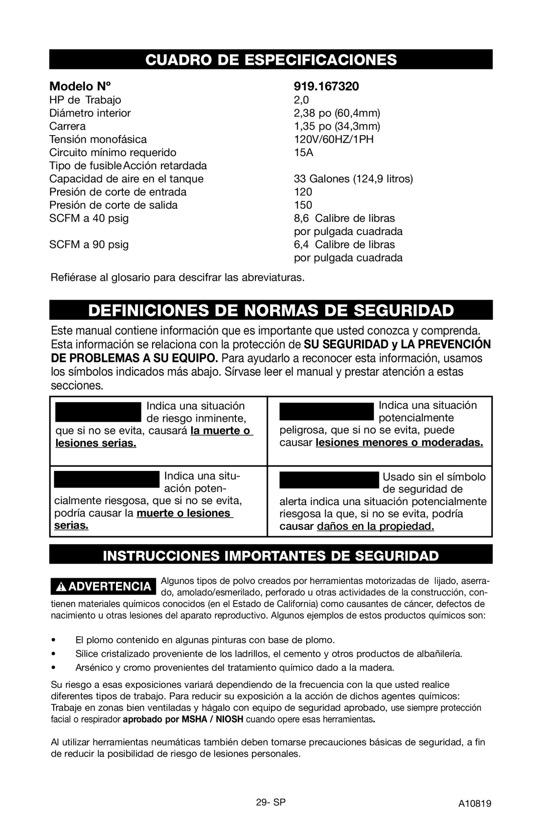 Craftsman owner manual Definiciones DE Normas DE Seguridad, Modelo Nº, 919.167320, Lesiones serias, Serias 