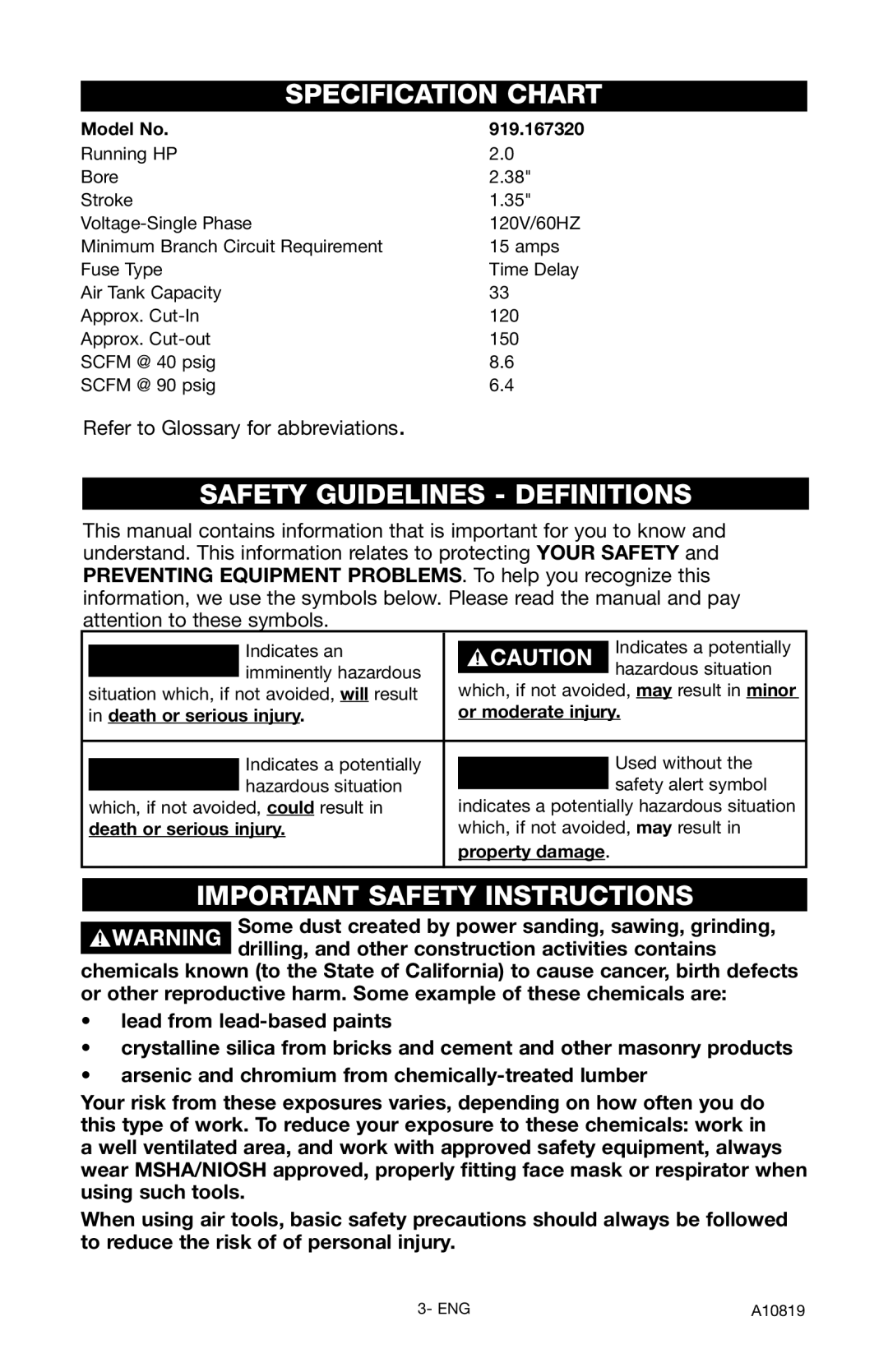 Craftsman 919.16732 owner manual Specification Chart, Safety Guidelines Definitions, Important Safety Instructions 