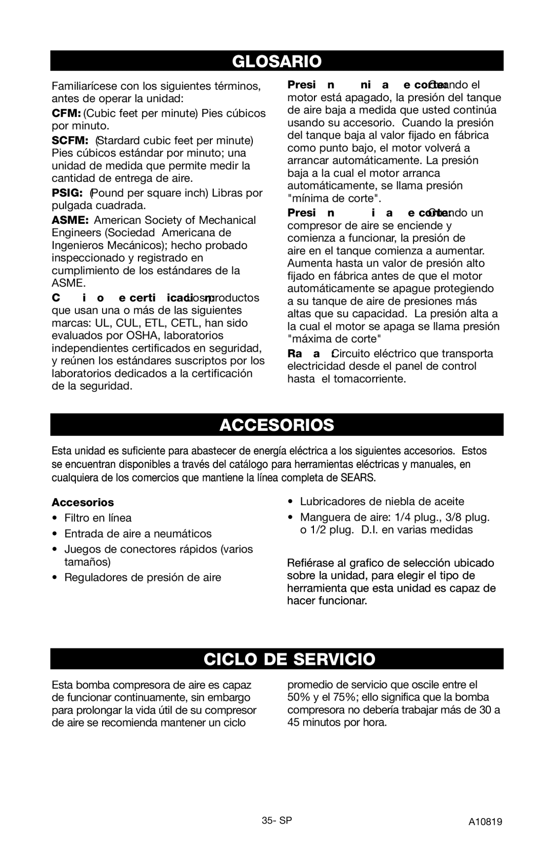 Craftsman 919.16732 owner manual Glosario, Accesorios, Ciclo DE Servicio 