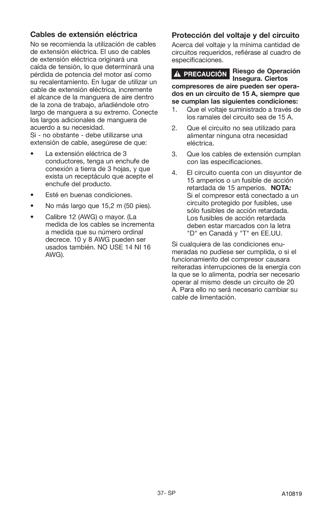 Craftsman 919.16732 owner manual Cables de extensión eléctrica, Protección del voltaje y del circuito 