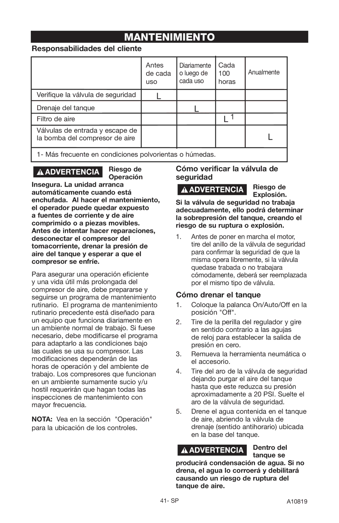 Craftsman 919.16732 owner manual Mantenimiento, Responsabilidades del cliente, Cómo verificar la válvula de seguridad 