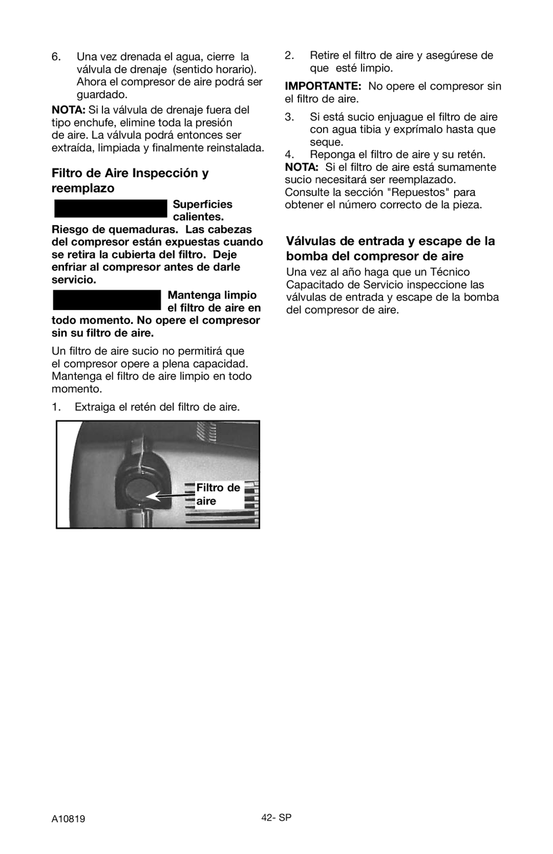 Craftsman 919.16732 owner manual Filtro de Aire Inspección y reemplazo, Filtro de aire 