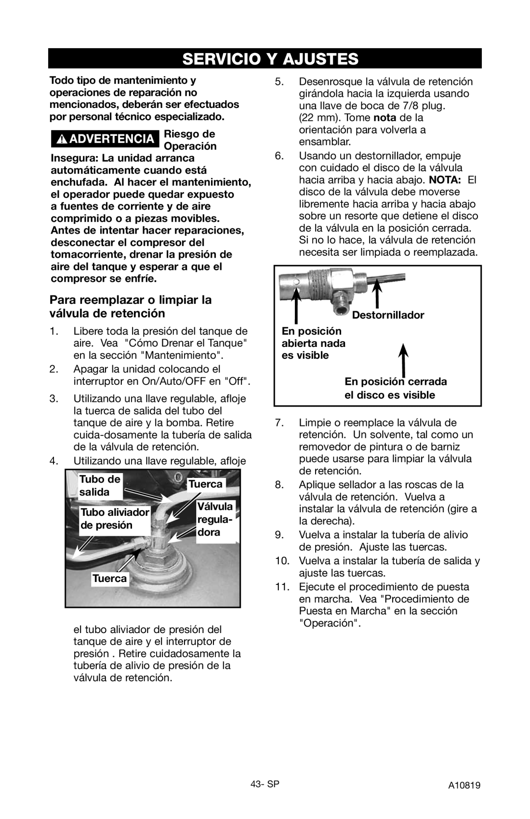 Craftsman 919.16732 owner manual Servicio Y Ajustes, Para reemplazar o limpiar la válvula de retención, De presión, Dora 