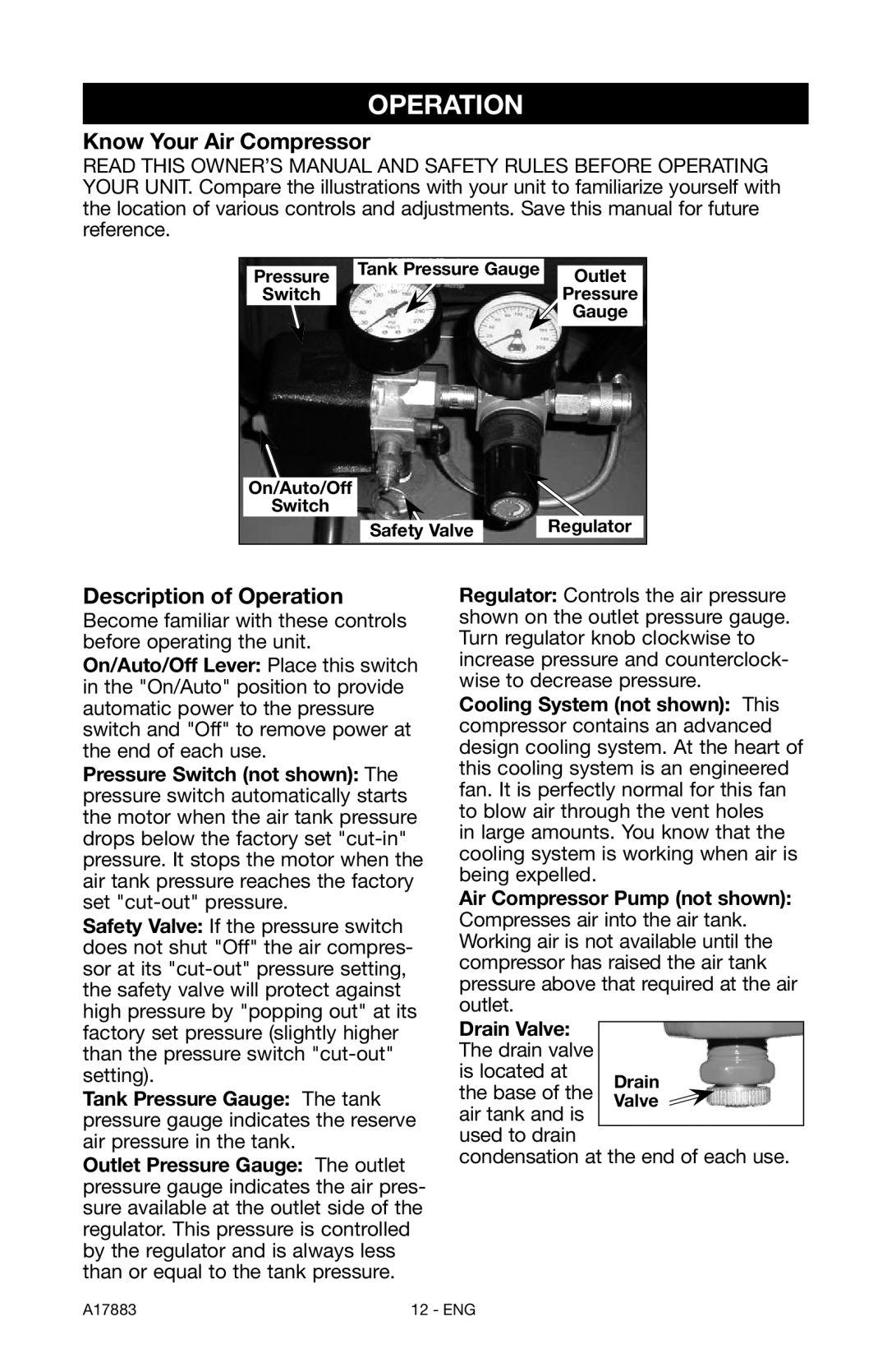 Craftsman 919.167321 owner manual Know Your Air Compressor, Description of Operation 