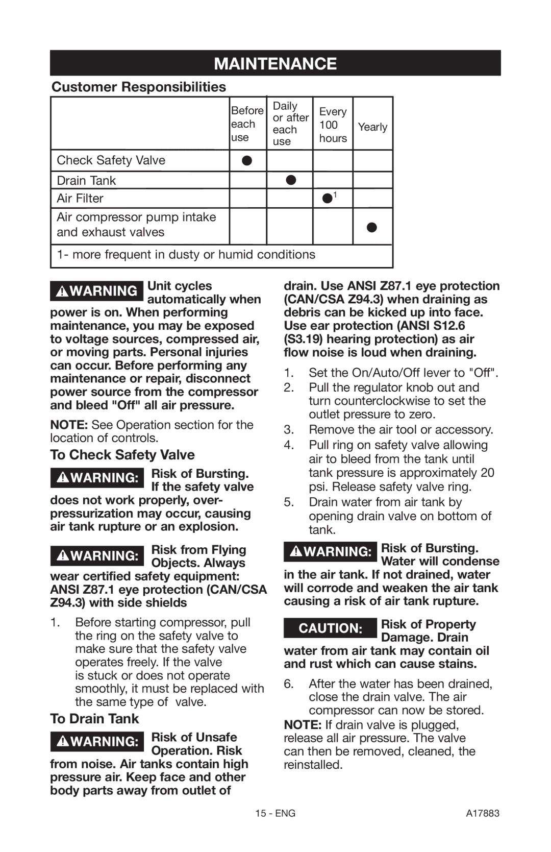 Craftsman 919.167321 owner manual Maintenance, Customer Responsibilities, To Check Safety Valve, To Drain Tank 