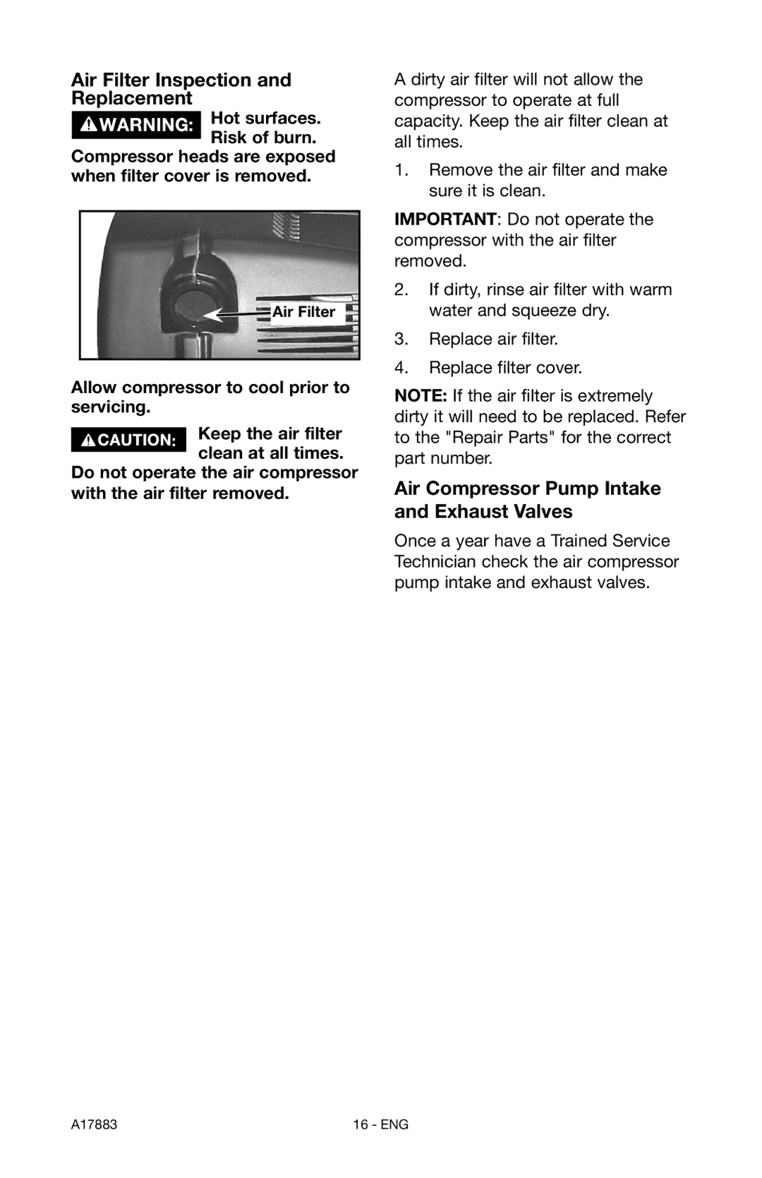 Craftsman 919.167321 owner manual Air Filter Inspection and Replacement, Air Compressor Pump Intake and Exhaust Valves 