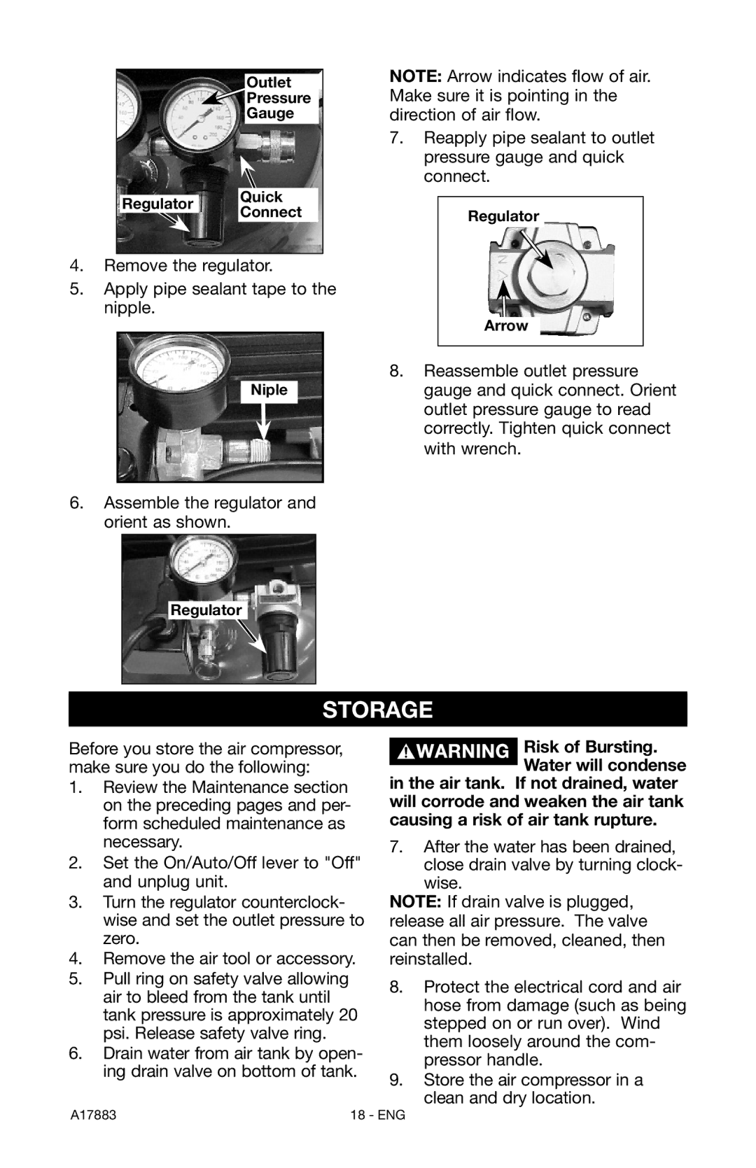 Craftsman 919.167321 owner manual Storage, Outlet Pressure Gauge Regulator Quick Connect, Niple, Regulator Arrow 