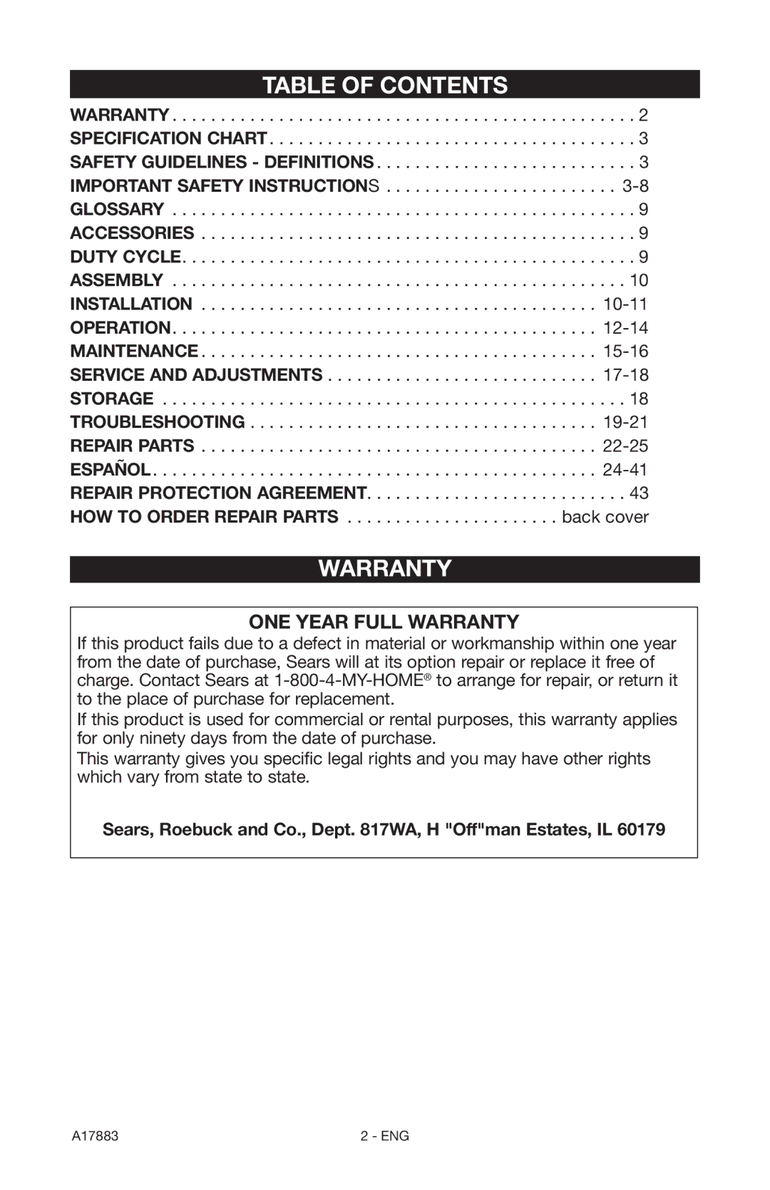 Craftsman 919.167321 owner manual Table of Contents, Warranty 