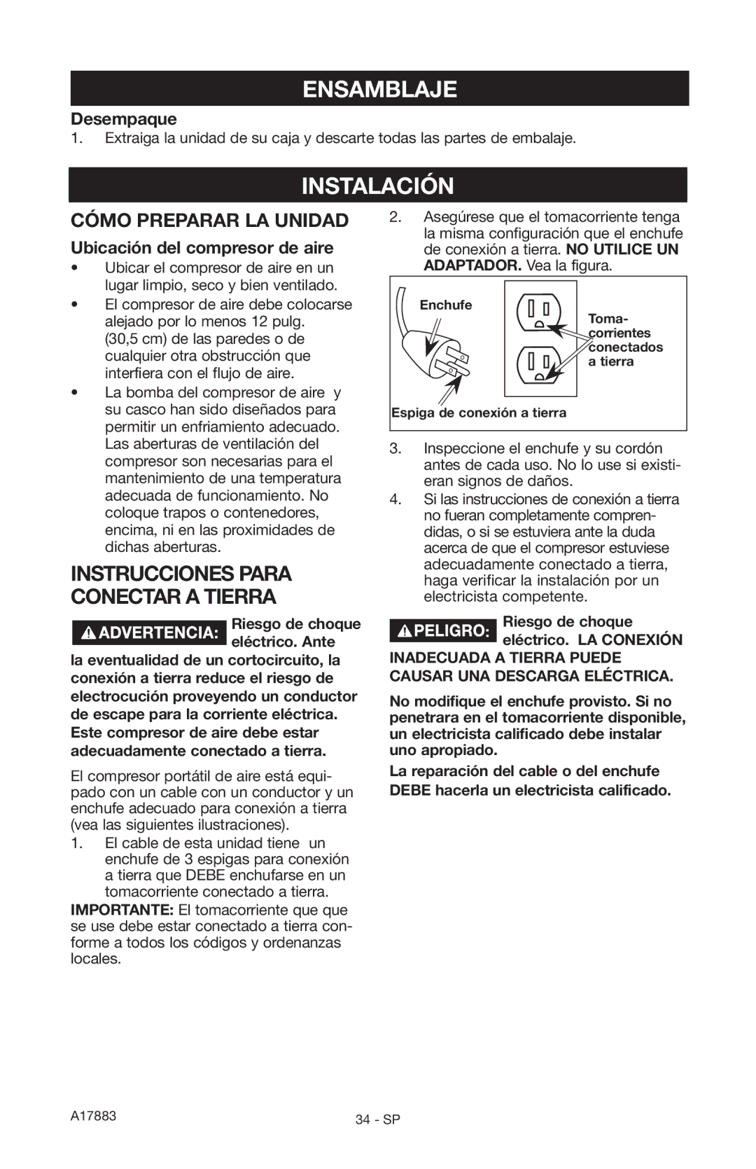 Craftsman 919.167321 owner manual Ensamblaje, Instalación, Desempaque, Ubicación del compresor de aire 