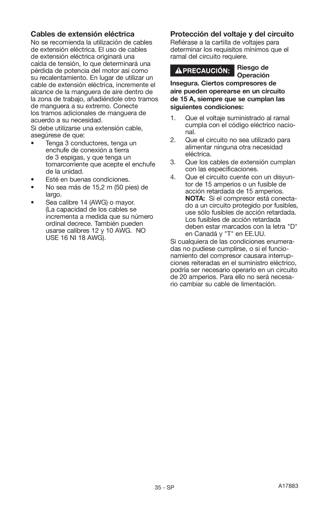 Craftsman 919.167321 owner manual Cables de extensión eléctrica, Protección del voltaje y del circuito, Riesgo de Operación 