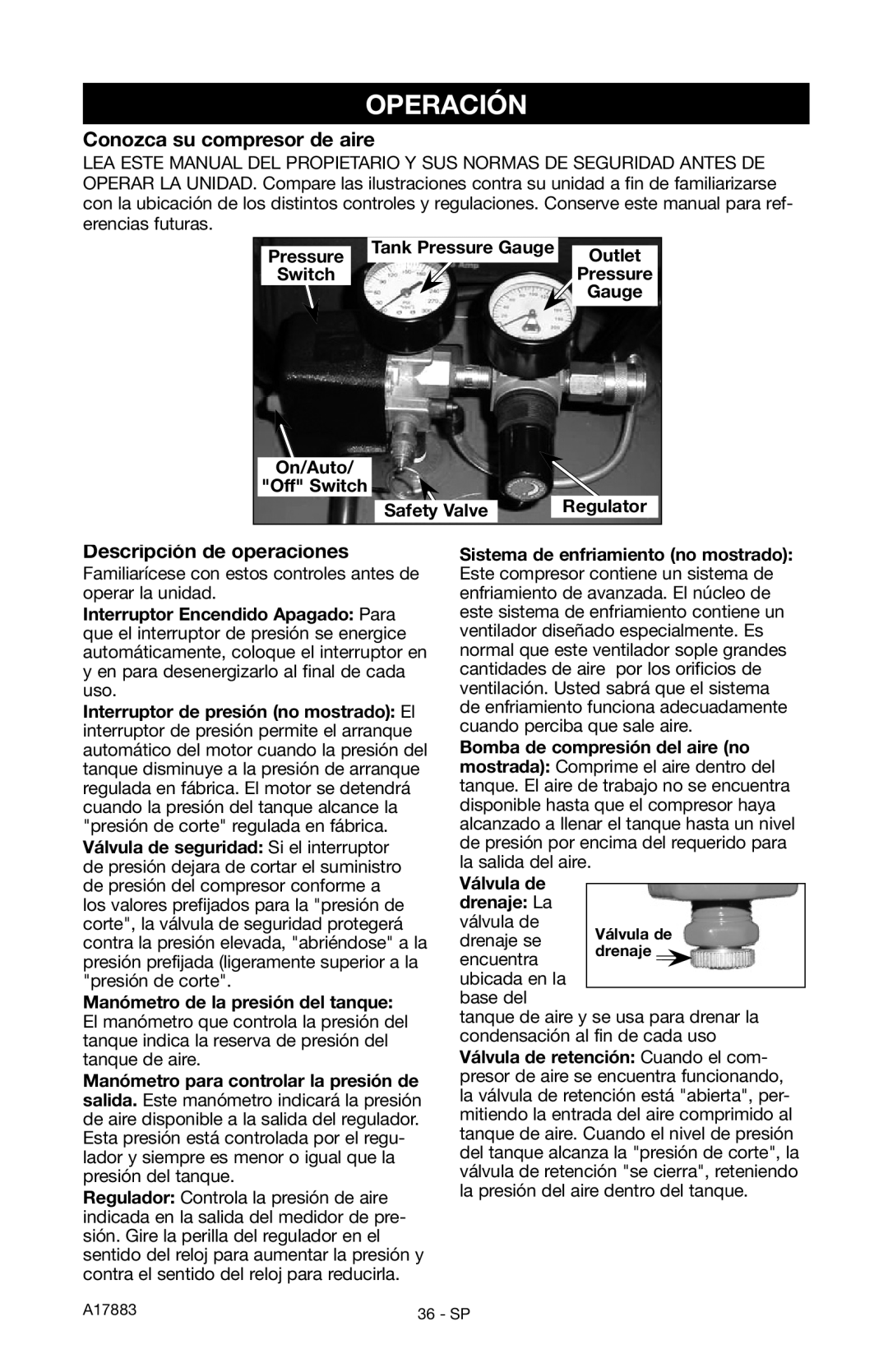 Craftsman 919.167321 owner manual Operación, Conozca su compresor de aire, Descripción de operaciones 